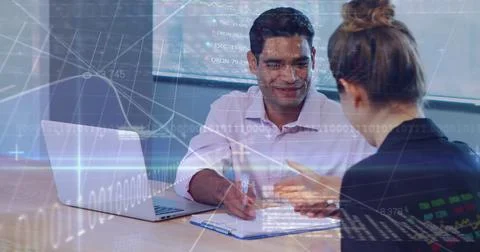 Image of data processing over diverse business people using laptop Foto stock