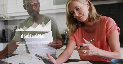 Image of data processing over diverse people man using smartphone Stock Photos