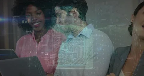 Image of data processing over diverse business people in office Foto stock