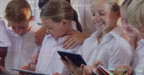 Image of data processing over diverse schoolchildren and teacher using tablets Stock Photos