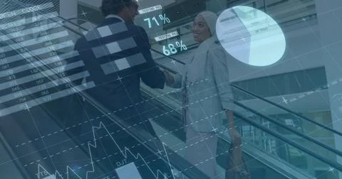 Image of data processing over diverse business people on stairs Stock Photos