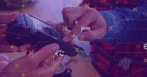 Image of data processing over diverse people paying with credit card 스톡 사진