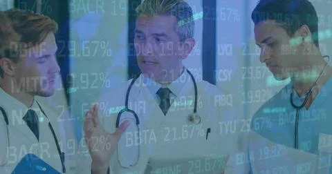 Image of data processing over diverse business people using phone headsets 写真素材