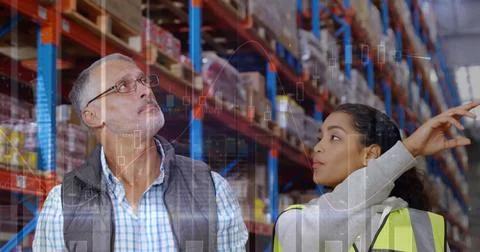 Image of data processing over diverse workers in warehouse Foto stock