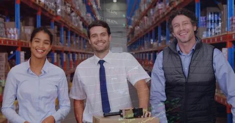 Image of data processing over diverse people working in warehouse Stock Photos