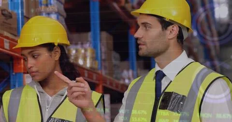Image of data processing over diverse workers in warehouse Stock Photos