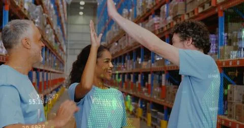Image of data processing over diverse volunteers high fiving in warehouse Stock Photos