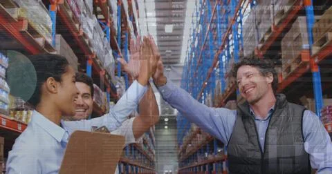 Image of data processing over diverse workers in warehouse Foto stock