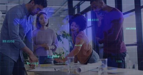 Image of data processing over diverse business people with face masks using Foto stock