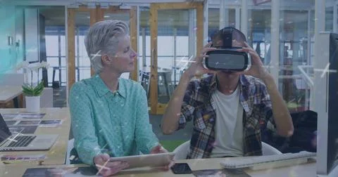 Image of data processing over diverse business people in office Stock Photos