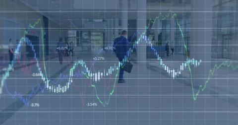 Image of data processing over diverse business people talking Foto stock