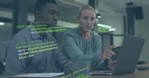 Image of data processing over diverse colleagues using laptop and tablet in Stock Photos