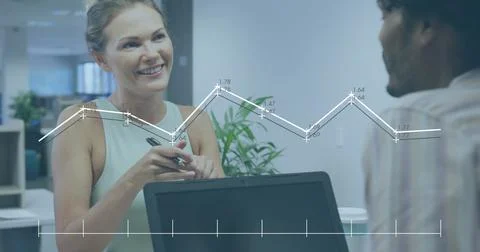 Image of data processing over diverse male and female colleagues discussing at Stock Photos