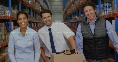 Image of data processing over diverse people working in warehouse Stock Photos