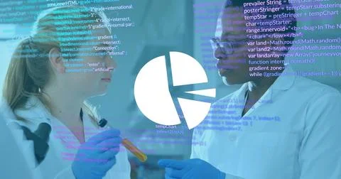 Image of data processing over diverse scientists in lab 스톡 사진