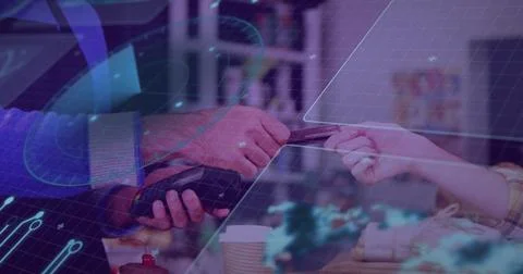 Image of data processing over diverse people paying with credit card 스톡 사진