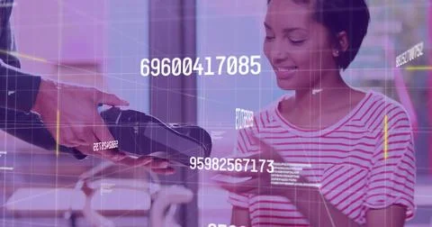 Image of data processing over diverse people paying with credit card 스톡 사진