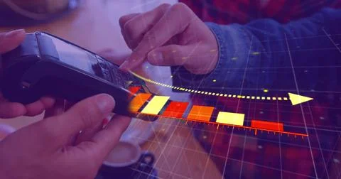 Image of data processing over diverse people paying with credit card 스톡 사진