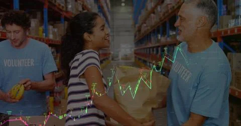 Image of data processing over diverse volunteers in warehouse 写真素材