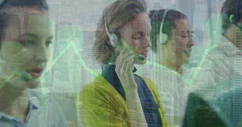 Image of data processing over diverse business people in office Stockfoto's