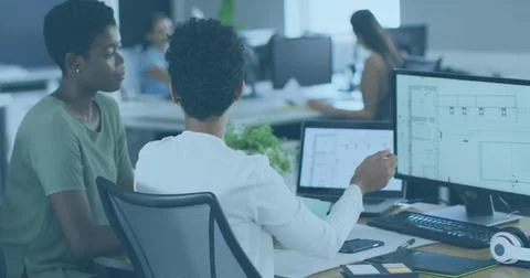 Image of data processing over diverse business people in office 库存照片