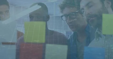 Image of data processing over diverse business people in office Stock Photos