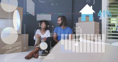 Image of data processing over diverse couple moving house Fotos Stock