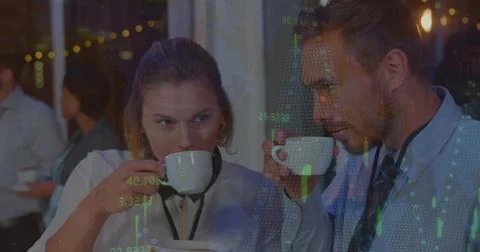 Image of data processing over diverse business people in office Foto stock