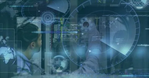 Image of data processing over diverse it engineers and computer server 스톡 사진