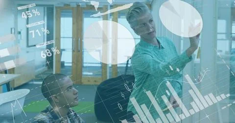 Image of data processing over diverse man and woman discussing over memo notes Stockfoto's