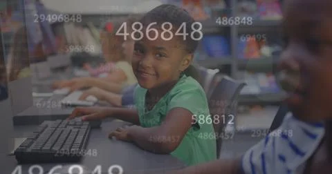 Image of data processing over diverse schoolchildren using computers Stock Photos