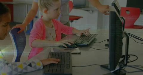 Image of data processing over diverse schoolchildren and teacher using computers Stock Photos
