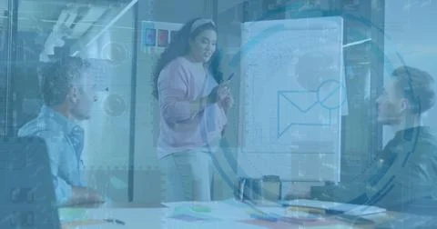 Image of data processing over diverse business people having meeting at office 스톡 사진