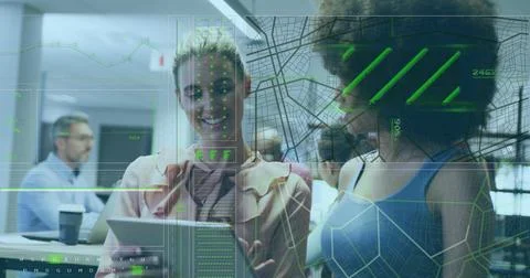 Image of data processing over diverse business people using computer Stock Photos