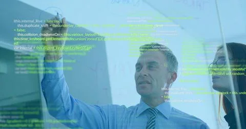Image of data processing over diverse man and woman discussing over glassboard Stock Photos