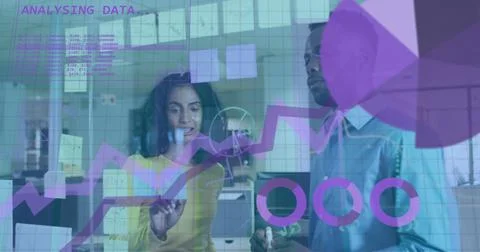 Image of data processing over diverse man and woman discussing over glassboard Stock Photos
