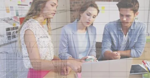 Image of data processing over diverse business people using computer Foto stock