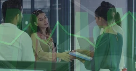 Image of data processing over diverse business people talking Stockfoto's