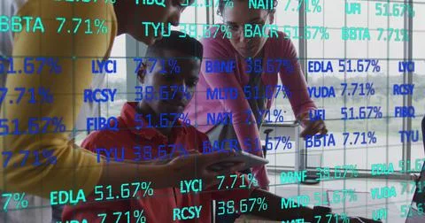Image of data processing over diverse group of business people Foto stock