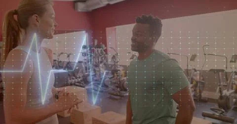 Image of data processing over diverse man and woman exercising in gym Stock Photos
