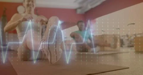 Image of data processing over diverse man and woman exercising in gym Stock Photos