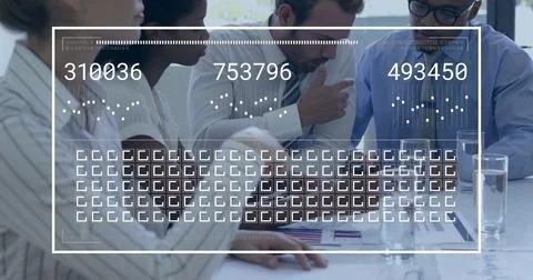 Image of data processing over diverse business people in office Foto stock