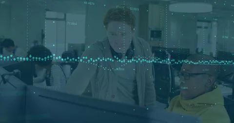 Image of data processing over diverse male colleagues discussing at computer in Stock Photos