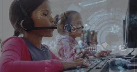 Image of data processing over diverse kids wearing phone headset using computer Stockfoto's