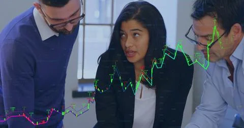 Image of data processing over diverse business people in office Stock Photos