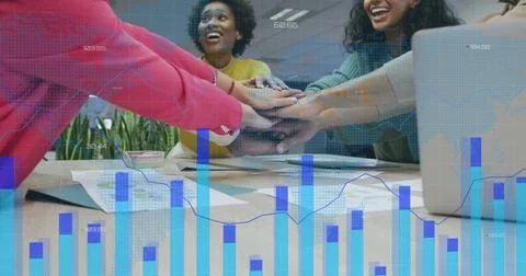 Image of data processing over diverse male and female colleagues hand stacking Stock Photos