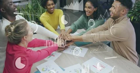 Image of data processing over diverse male and female colleagues hand stacking Stock Photos