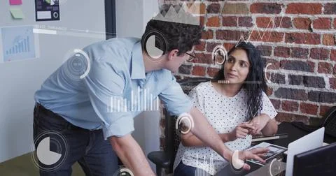 Image of data processing over diverse business people in office Foto stock
