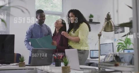 Image of data processing over diverse business people discussing work 写真素材