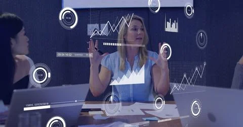 Image of data processing over diverse business people in office Stock Photos